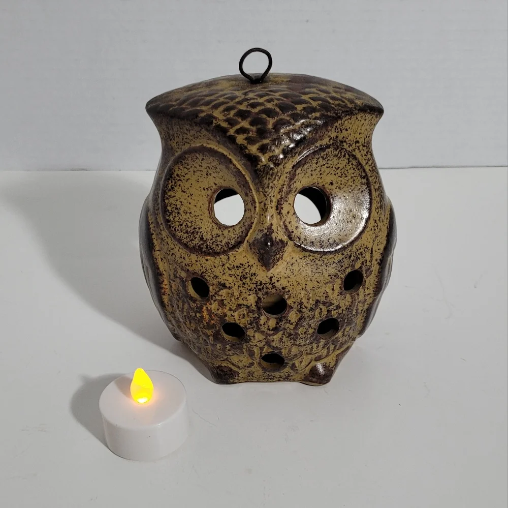 Vintage Ceramic Owl Lantern Tealight Candleholder w Loop for Hanging 1970s